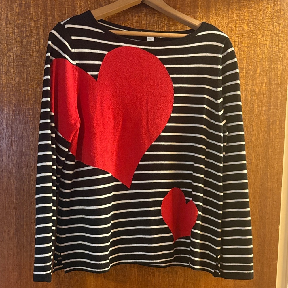 Chico's Black and White Striped Sweater with Red Hearts